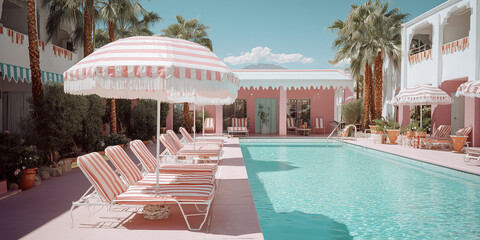 Pink poolside loungers inviting guests to relax in palm springs hotel