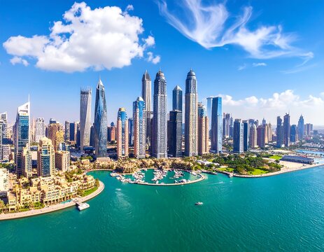 Panoramic view of a modern city skyline with a marina - Powered by Adobe