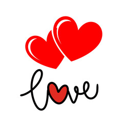 Two red hearts and the word love in script