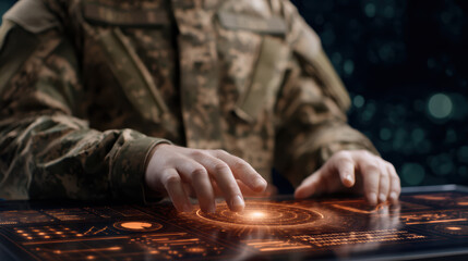 A soldier interacts with a futuristic holographic interface, showcasing advanced technology and military applications in a high-tech environment.