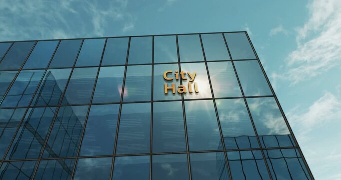 City hall glass building concept. Local government symbol on front facade 3d.