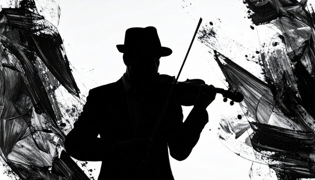 Photo of a man’s silhouette in a hat playing the violin. An effect of fragmentation on both sides with dark paints, creating an abstract artistic appearance.