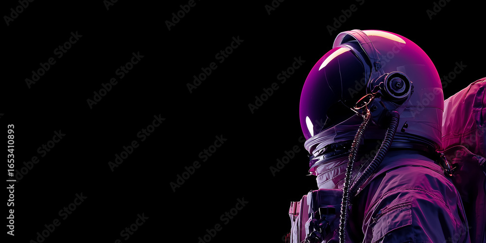 Poster astronaut wearing spacesuit and exploring space with neon lights