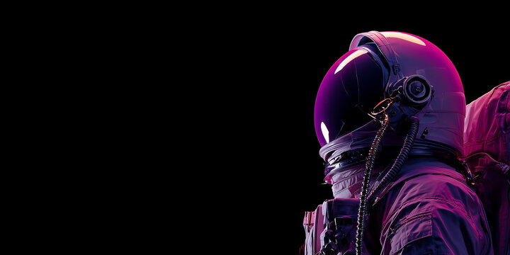Astronaut wearing spacesuit and exploring space with neon lights