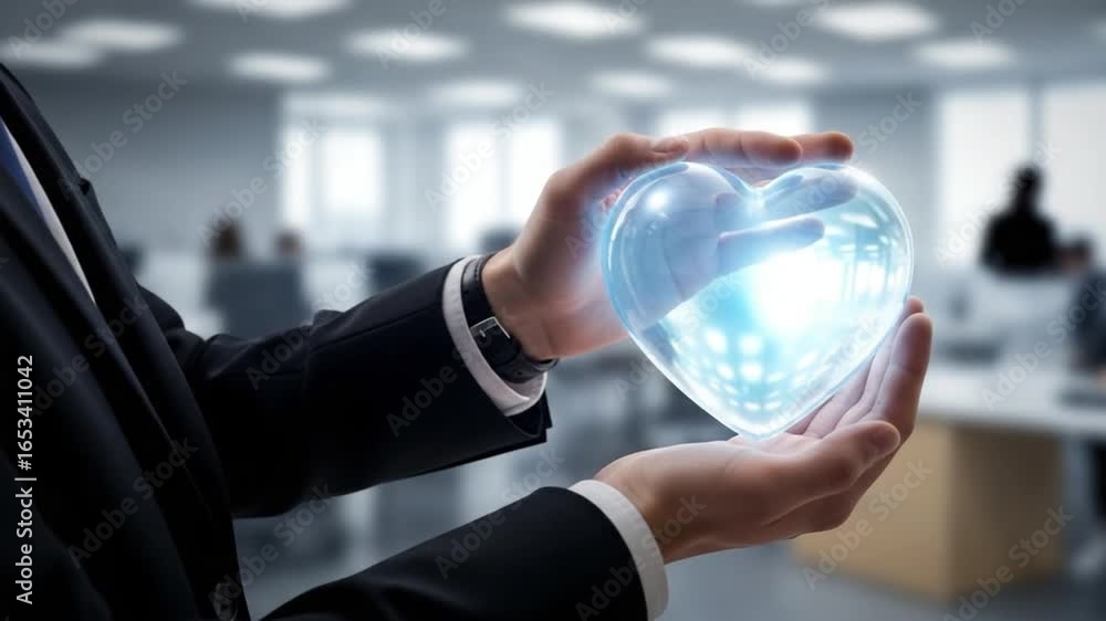 Poster man in suit holding glowing heart shaped object in hands in office setting with people working