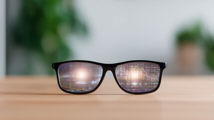 A pair of modern sunglasses reflecting digital patterns, resting on a wooden surface with a blurred green background.
