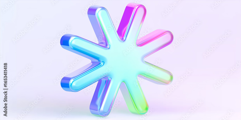 Poster holographic asterisk symbol shining with rainbow colors on soft background