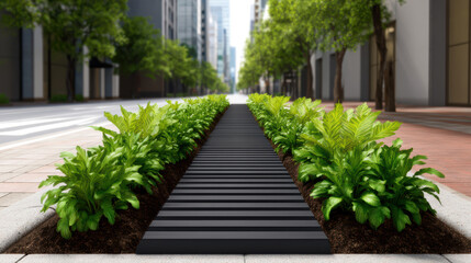 A modern urban setting with greenery alongside a sleek pathway, showcasing a blend of nature and architecture in a city environment.