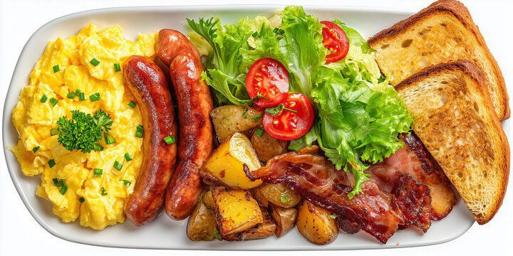 Delicious breakfast plate offering scrambled eggs, sausages, and crispy bacon