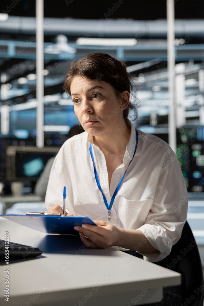 Poster data center technician taking notes after inspecting gear and checking performance diagnostics. serv