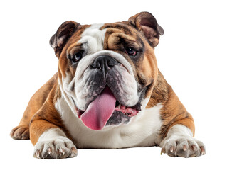 Obraz premium Adorable Brown and White English Bulldog Puppy Lying Down, Tongue Out