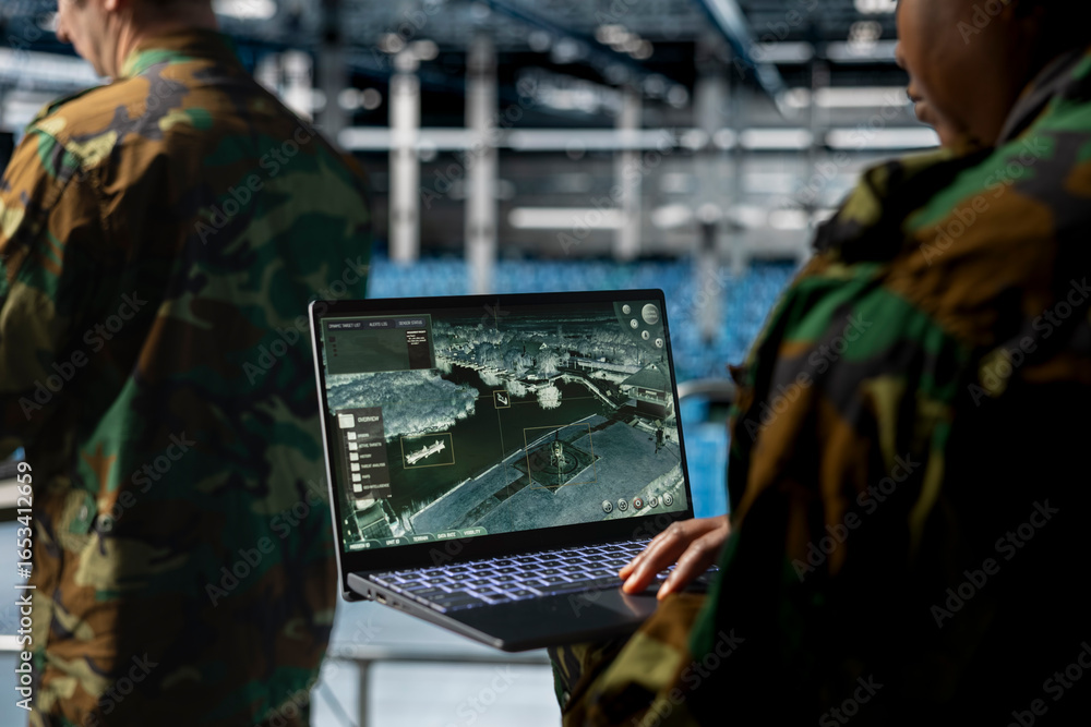 Poster close up of military technician in data center tracking satellite coordinates using laptop interface