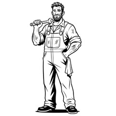 Confident bearded mechanic in overalls holding a wrench over his shoulder black and white illustration.