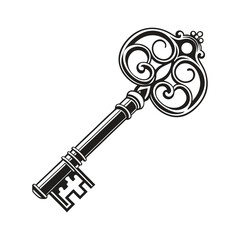 Vintage Key: A classic, intricately designed vintage key, rendered in monochrome, exudes elegance and historical charm. 