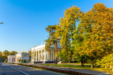 Beautiful single-story pavilions in Stalinist Empire style on a quiet VDNKh alley, surrounded by golden autumn foliage and pine trees under clear blue sky. Moscow, Russia.


