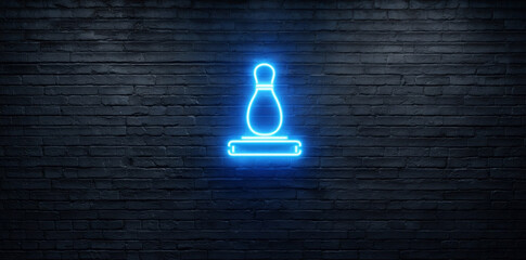 Blue neon stamp design glows on a dark brick wall in an urban setting at night Generative AI