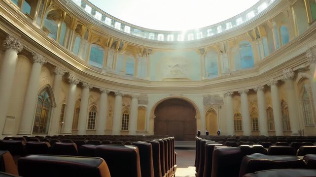 Elegant empty theater with rows of plush seats and ornate architecture creating a serene atmosphere. concept of luxury venue, architectural beauty, tranquil theater experience