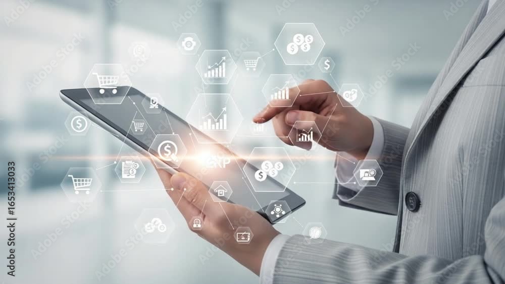 Poster person in suit using tablet with digital overlay of business and finance related icons floating abov