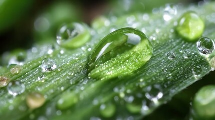 Macro of dew drops on green leaf--tranquil summer nature close-up. 