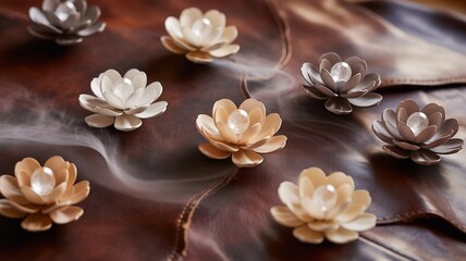 Delicate lotus flower ornaments with pearl centers arranged on textured brown leaves