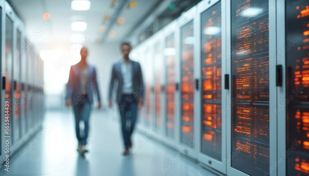 Poster data center hallway with rows of server racks displaying glowing orange digital codes. blurred figur