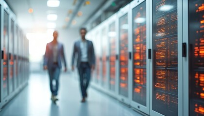 Data center hallway with rows of server racks displaying glowing orange digital codes. Blurred figures of professionals walk past, modern infrastructure, advanced technology. Focus on data flow,