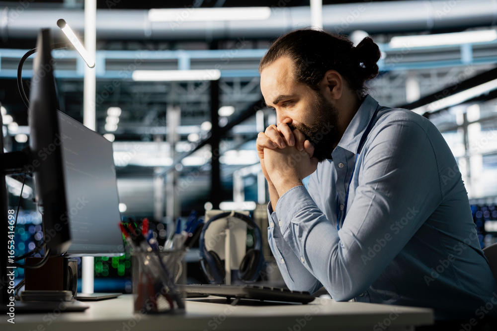 Poster impatient engineer in data center waiting for storage arrays software to update, configuring network