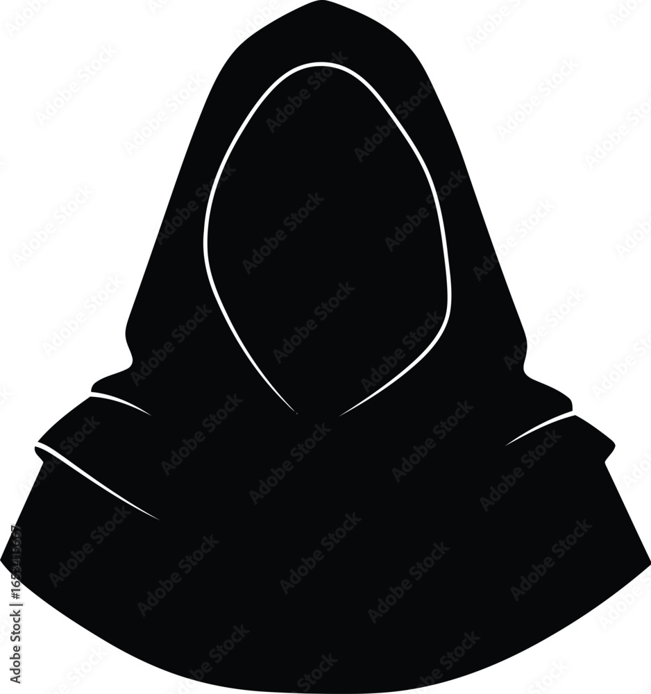 Poster mysterious hooded silhouette figure isolated on transparent background in minimalist style