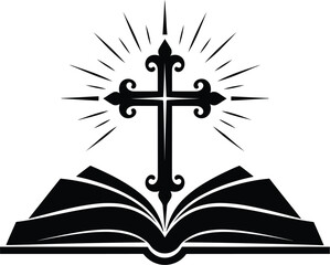 Open bible with cross and radiant light isolated on transparent background