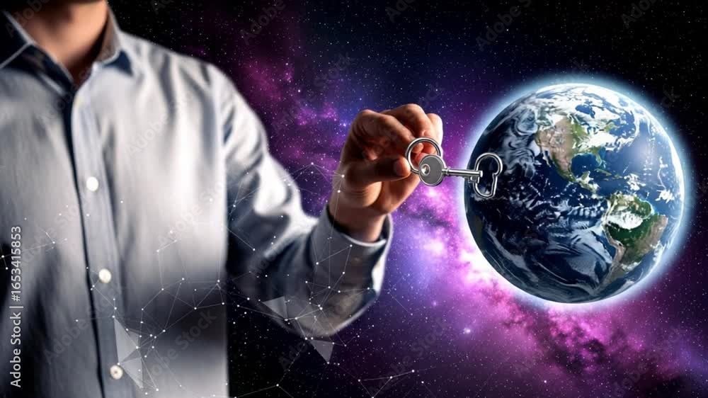 Aufkleber a man holding a key towards earth with a keyhole in space with a galaxy background and connections
