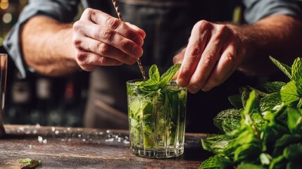 Mojito Preparation: Bartender Mixing a Refreshing Cocktail with Mint
