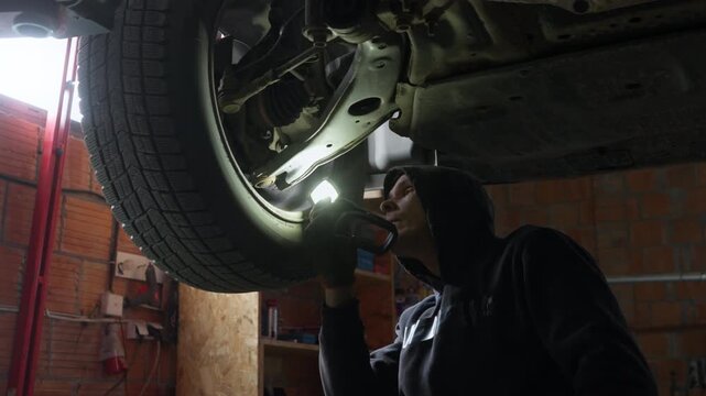 A technician is conducting a detailed diagnostic of a car's front suspension system. The mechanic uses a light to inspect the control arm, ball joint, and steering knuckle for wear and damage.