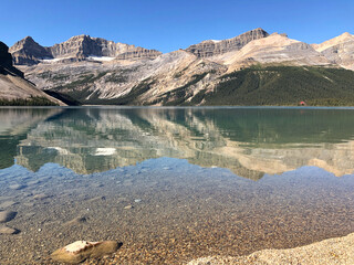 Bow Lake Shoreline with Mountain Reflections, Alberta, Canada