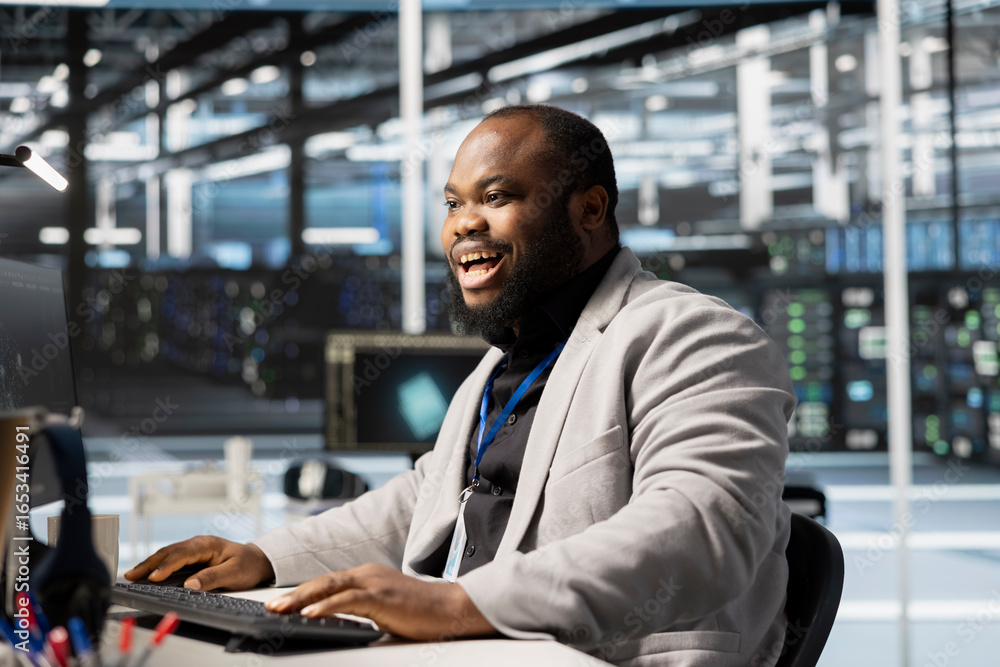 Aufkleber cheerful software developer in data center checking infrastructure health report showing stable perf