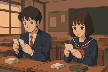 Anime students studying vocabulary flashcards
