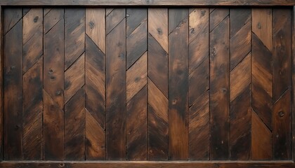 Dark brown wood parquet flooring texture in rustic vintage style. Planks arranged in diagonal chevron pattern, natural wood grain, polished, aged finish. Ideal for interior decor, timeless material
