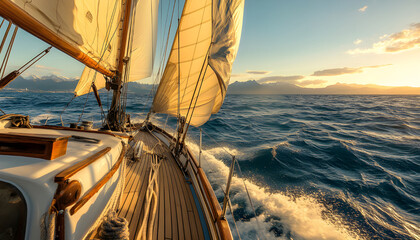 Fototapeta premium Yacht Sailing against sunset. Sailboat. Travel