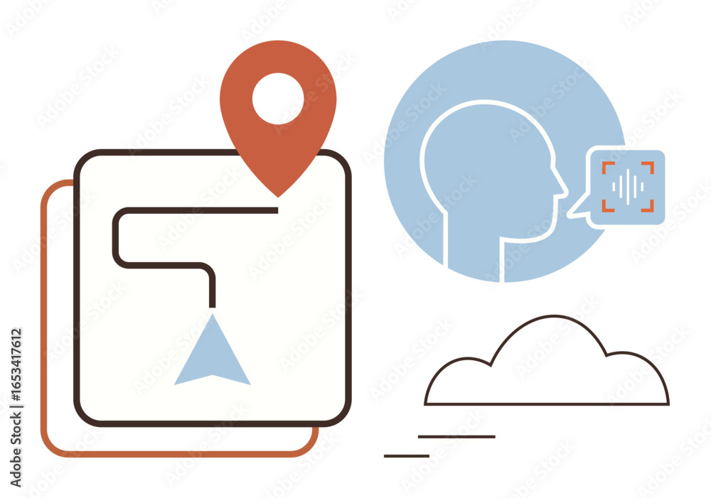Poster gps pin on a map path, human head with speech recognition waveform, and a cloud symbol. ideal for na
