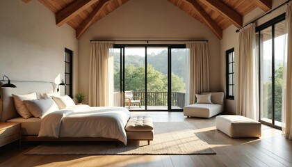 Spacious rustic bedroom featuring large windows with tranquil forest view. Includes wooden beam ceiling, comfortable bed with neutral linen, minimalist furniture, natural light creating calm, cosy