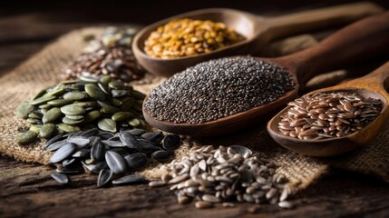 Assorted Superfood Seeds on Wooden Spoons