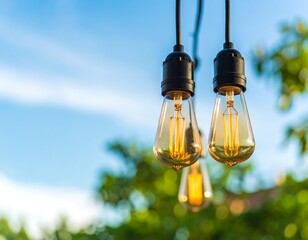 Outdoor Edison bulbs against a partly cloudy sky
