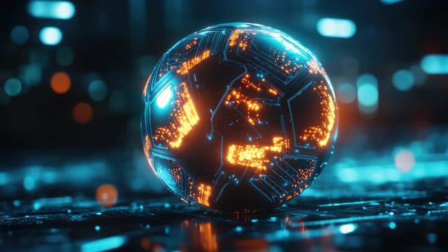 Futuristic glowing soccer ball with digital circuit patterns in neon blue and orange - Powered by Adobe