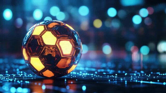Glowing futuristic soccer ball on neon lit field at night - Powered by Adobe