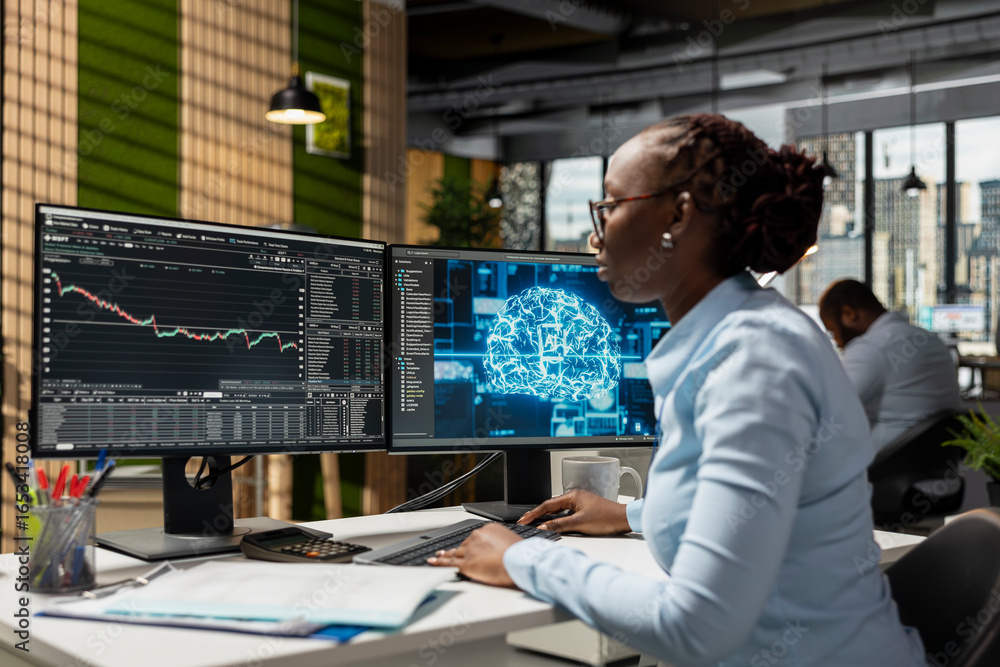 Poster trader in office using neural network ai models to enhance predictive accuracy of stock market movem