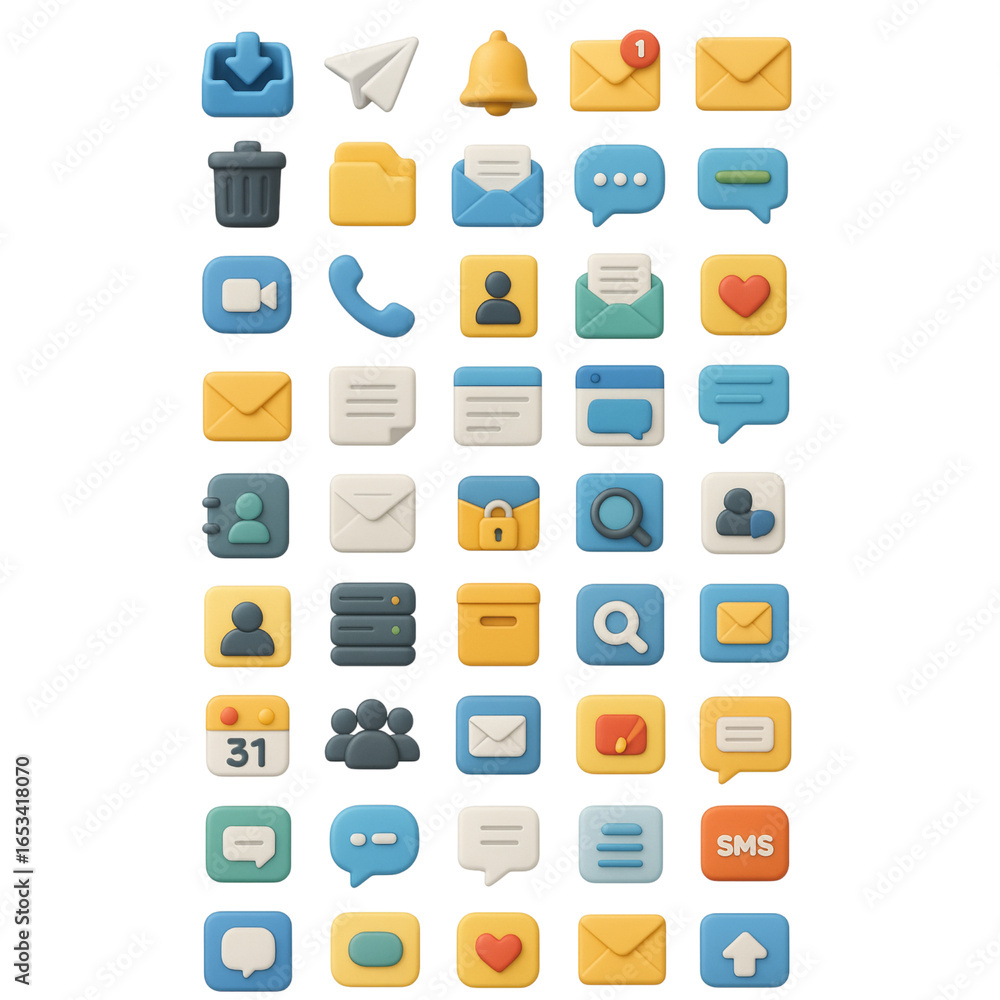 Poster assortment of 3d digital communication and technology icons internet transparency background isolate