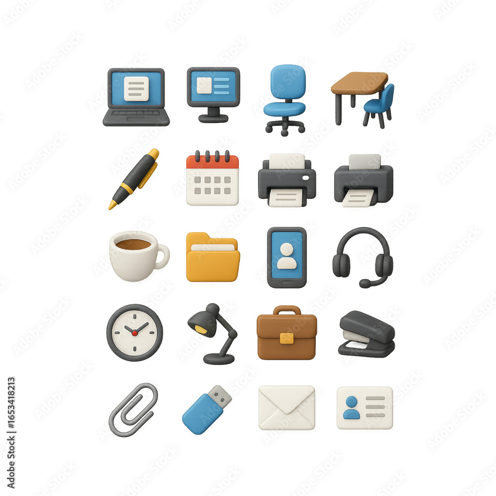Fototapete assortment of office and technology icons in a grid laptop computer monitor transparency background 