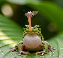 Water frog catches insects with long tongue
