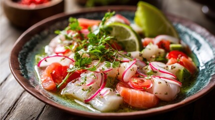 Fresh Ceviche Delight: Vibrant Flavors on Rustic Wood
