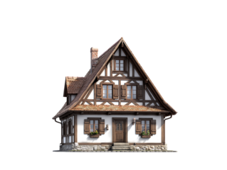 Charming Fairytale-Style House 3D Render Rustic Cottage, Timber Frame, Isolated Background
