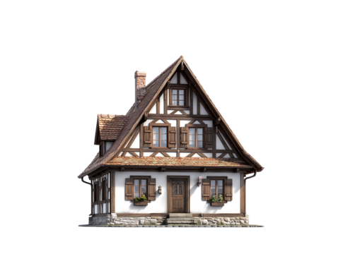 Charming Fairytale-Style House 3D Render Rustic Cottage, Timber Frame, Isolated Background